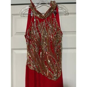 Black Tie Oleg Cassini Red Formal Sequin Gown dress 4 100% Silk